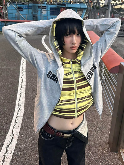 Colorblock Zip Up Hoodie Faux Layered Top Slim Fit