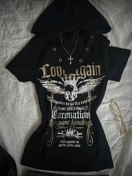 Black Subculture Rock Punk Y2K Abi E-girl American Retro Print Hooded Short Sleeve Top