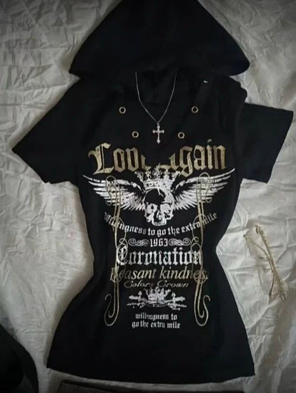 Black Subculture Rock Punk Y2K Abi E-girl American Retro Print Hooded Short Sleeve Top