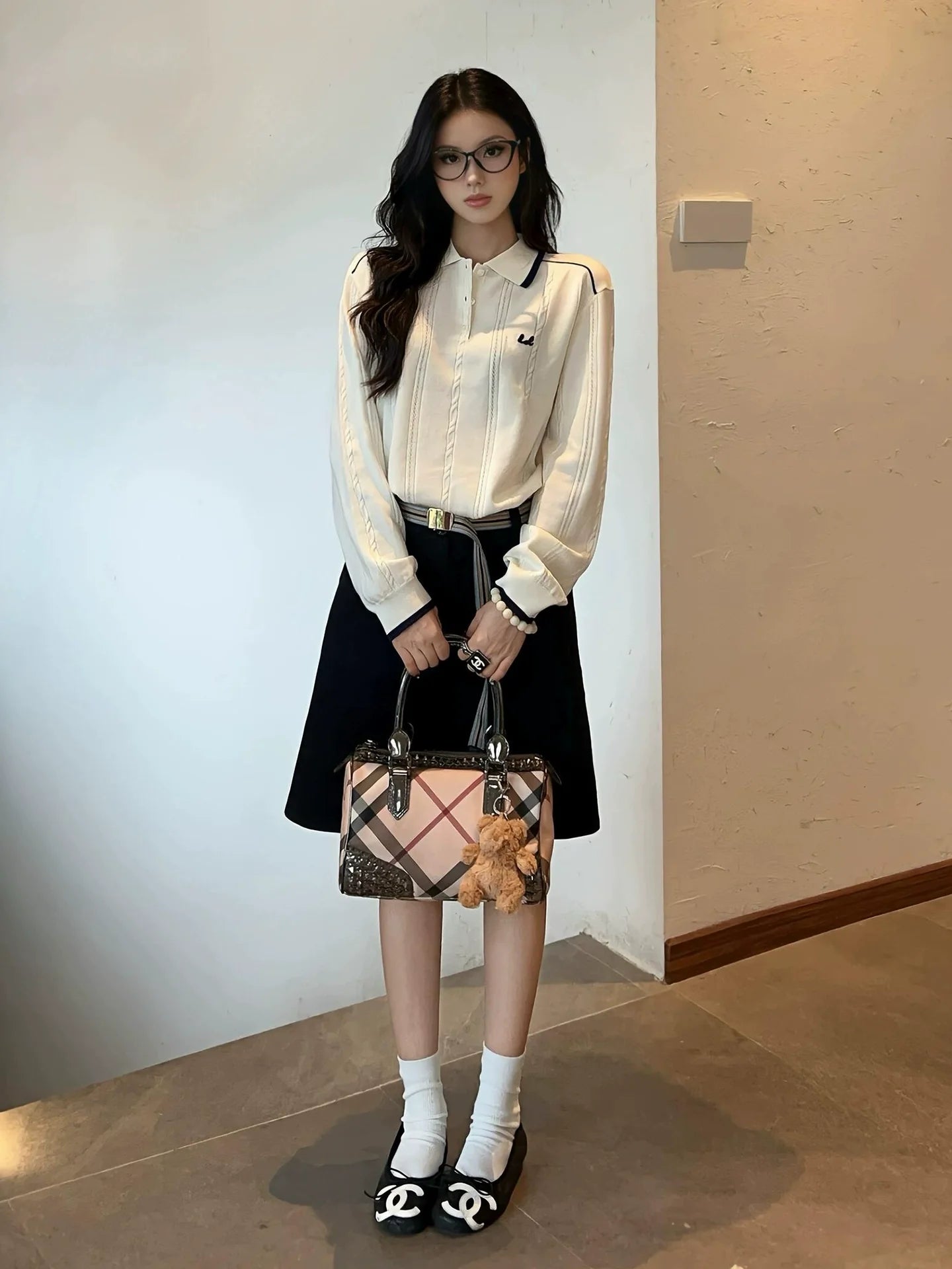 Classic Polo Cable Knit Sweater Loose Fit Top