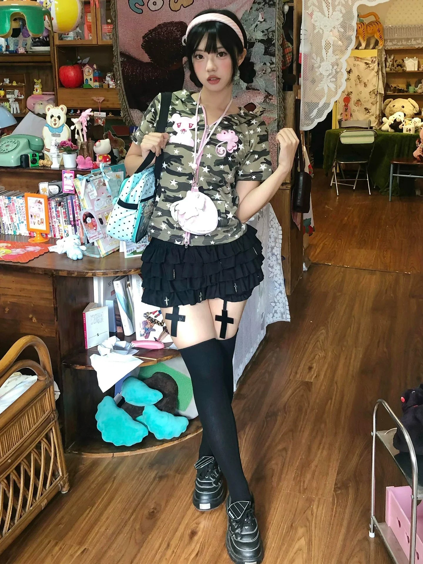 Y2K Bear Ears Hoodie Tee Camouflage Zip-Up Cropped Top