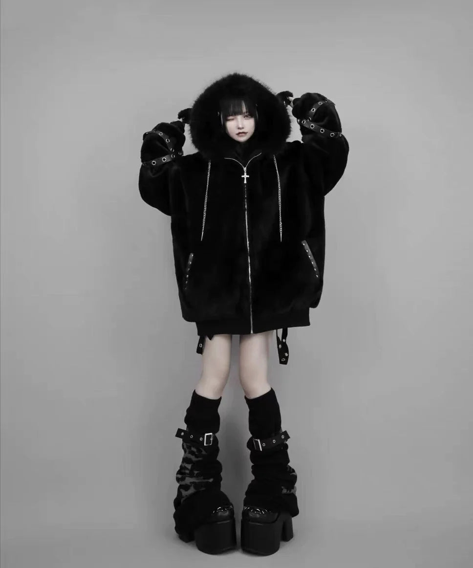 Black Subculture Dark Punk Y2K E-girl Lamb Ear Fleece Hooded Jacket