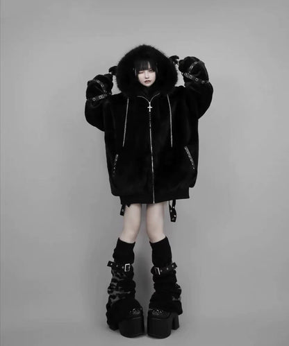 Black Subculture Dark Punk Y2K E-girl Lamb Ear Fleece Hooded Jacket