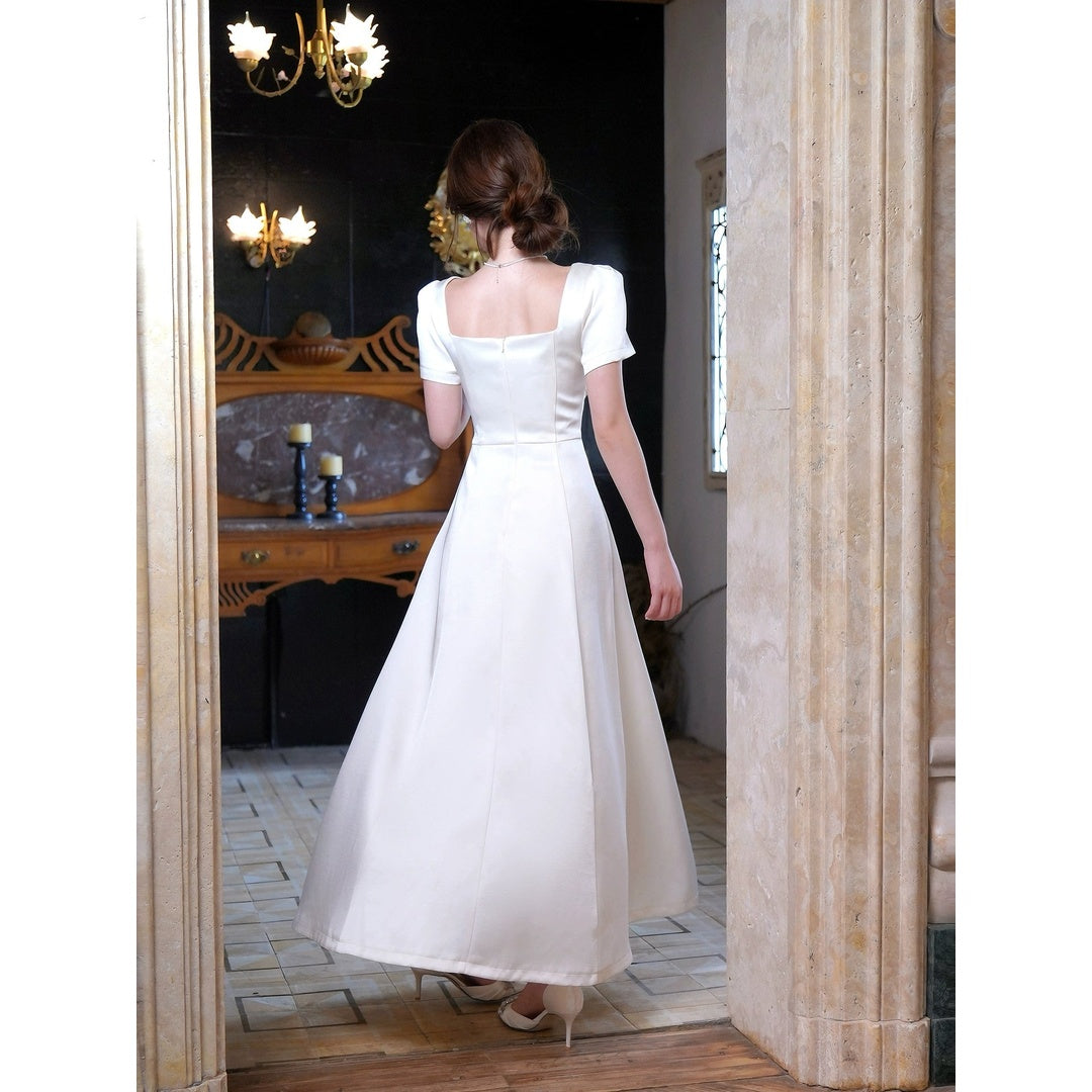 French Satin Waist Short Sleeve Gown Dress