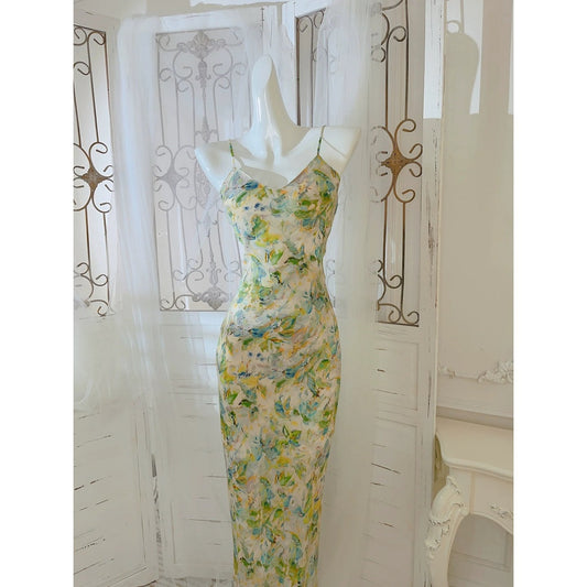 Artist’s Oil Paint Modern Chinese Floral Spaghetti Strap Gown Dress
