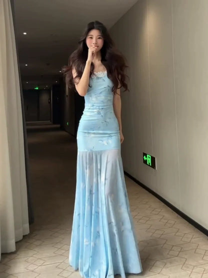 French Blue Lace Tulle Camisole Mermaid Bodycon Maxi Dress
