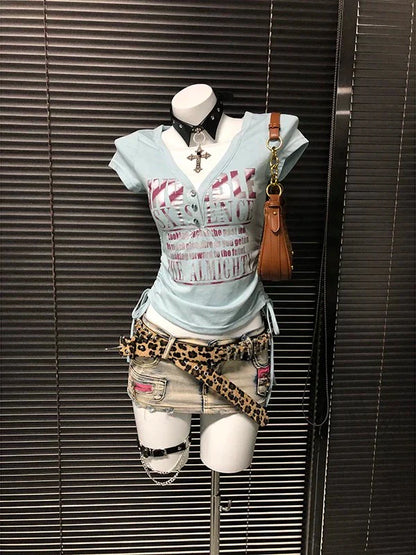 Blue Subculture Y2K E-girl Abi American Retro Drawstring Fake Two-Piece Vintage Short Sleeve Top