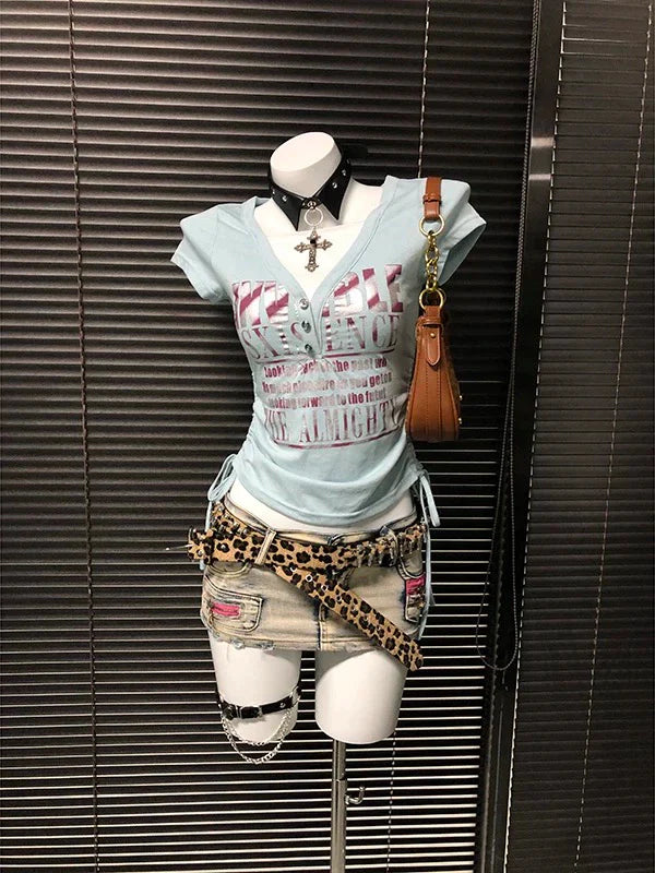 Blue Subculture Y2K E-girl Abi American Retro Drawstring Fake Two-Piece Vintage Short Sleeve Top