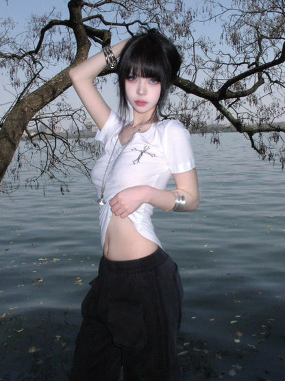 Retro White V Neck Cross Print Short Sleeve Top