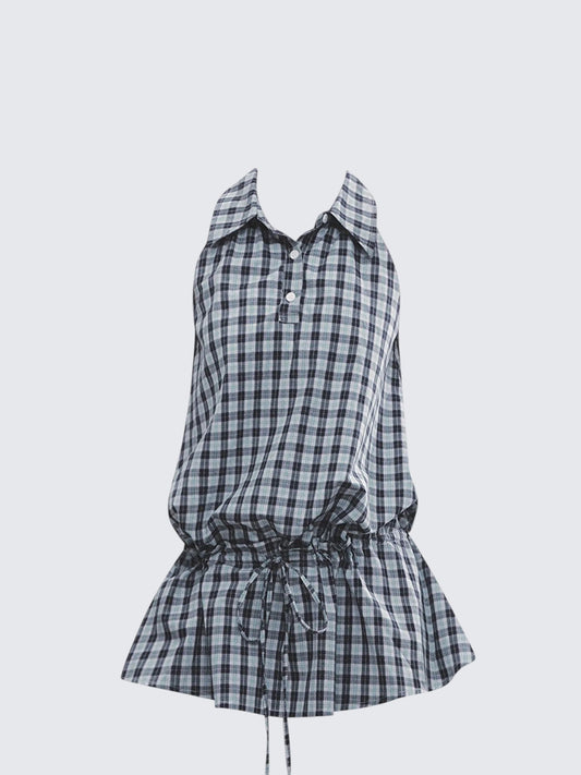 Korean Check Drawstring Top