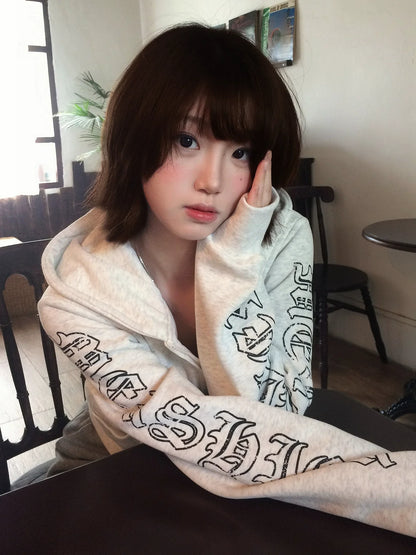 American Letter Print Zip Hoodie Cropped Vintage Sweatshirt Jacket