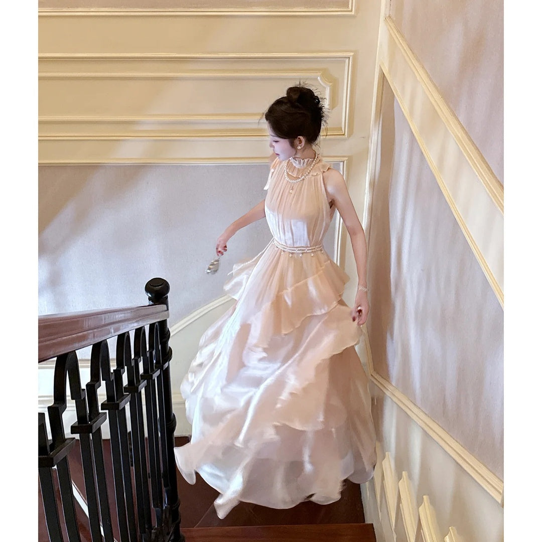 French Pink Ruffle Sleeveless Gown Dress