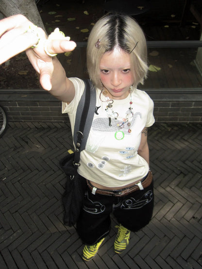 Y2K Whale Patch Embroidered Cropped Tee  Structured Shoulder Fitted Short Sleeve Top