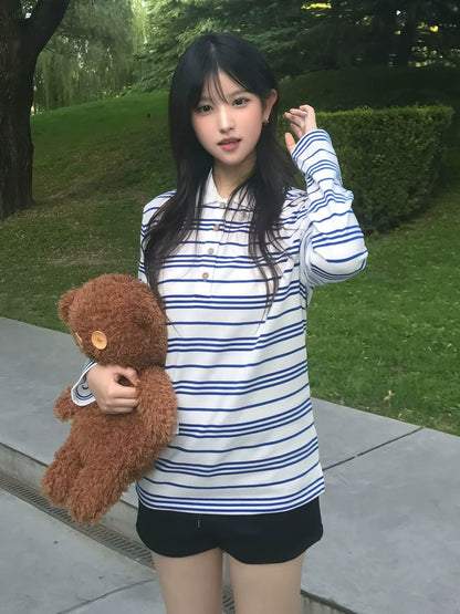 Blue-White Striped Polo Long Sleeve Korean Retro Loose Top