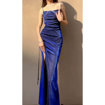 Blue Shimmer Knit Fishtail Gown Dress
