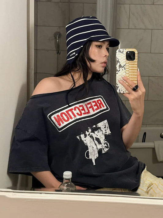 Distressed Letter Print Asymmetric Top for Summer