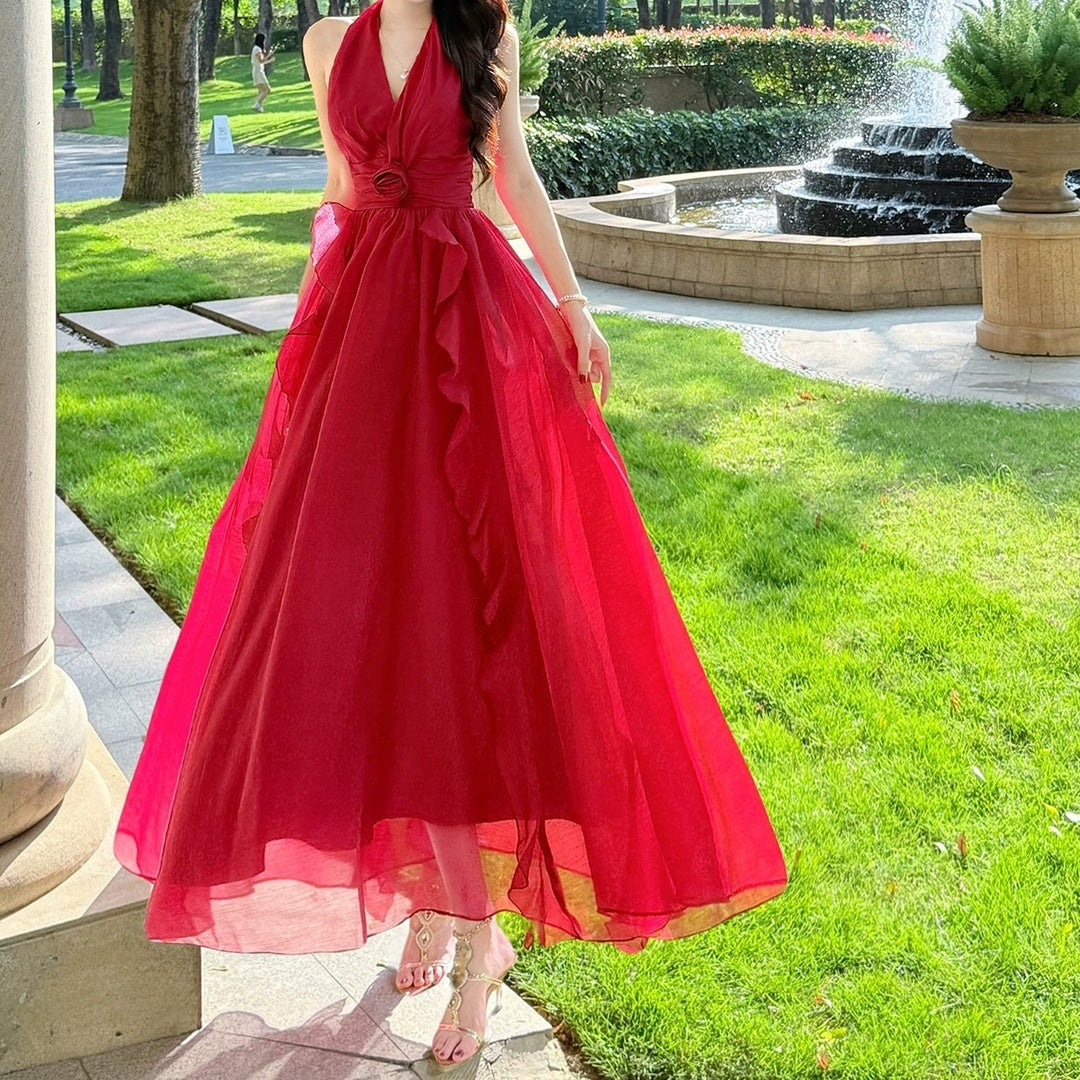 French Ruffle Red Halter Neck Gown Dress – Unique Princess Dress