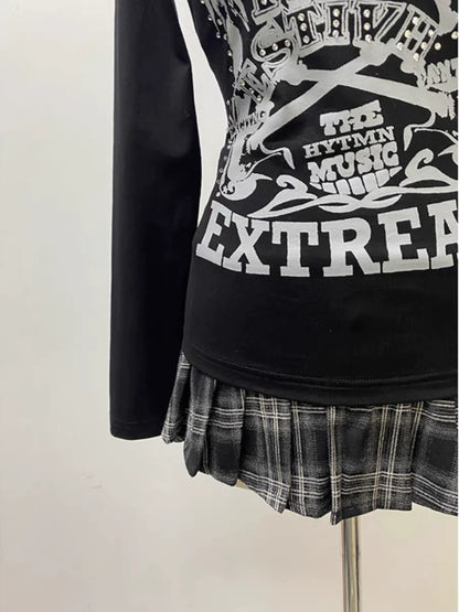 Black Gothic Vintage Print Designer Long Sleeve Y2K T-Shirt