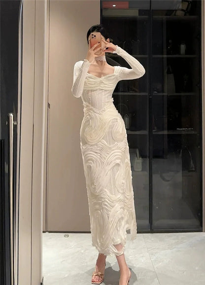 French Romantic White Textured Panel Square-Neck Knit Gown Dress