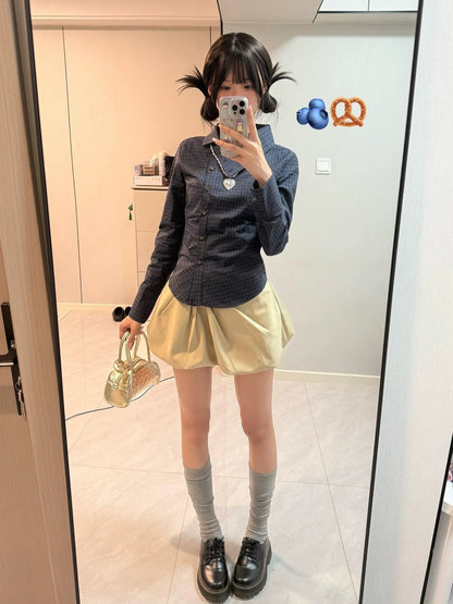 Designer Asymmetrical Collar Plaid Shirt Slim Fit Vintage College Top