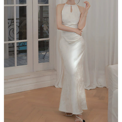Chinese Satin Halter Mermaid Cheongsam Gown Dress
