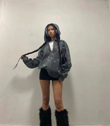 Gray Y2K Punk Star Print Fleece Cardigan Hoodie