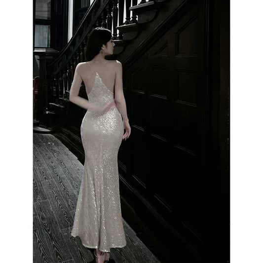 Silver Sequin French Evening Gown Dress