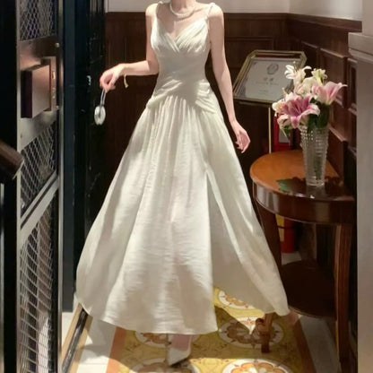 French White Spaghetti Strap Pleated Waist Gown Dress