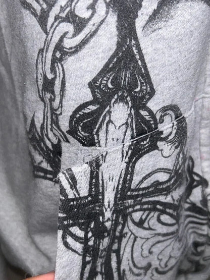 Gray Subculture Gothic Rock Punk Y2K E-girl Vintage Skull-Print Hooded Jacket