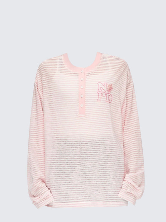 Korean Stripe Henley Long Sleeve T-Shirt