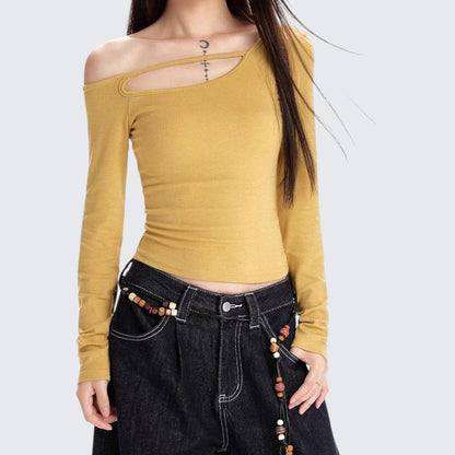 Spring-Autumn Black Off-The-Shoulder Long-Sleeve E-Girl T-Shirt With Slim Fit & Layering-Friendly Design