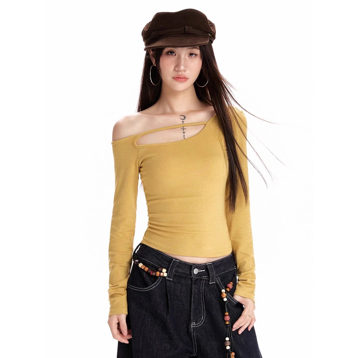 Spring-Autumn Black Off-The-Shoulder Long-Sleeve E-Girl T-Shirt With Slim Fit & Layering-Friendly Design