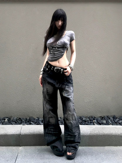 Subculture Distressed Fitted Short Sleeve Tee Y2K Light Asian Vintage Top