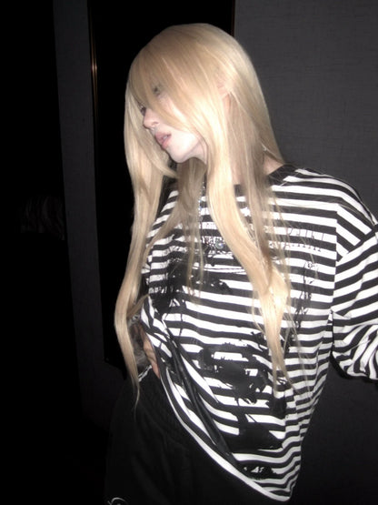 Y2K Visual Kei Black and White Striped Portrait Print Long Sleeve Top