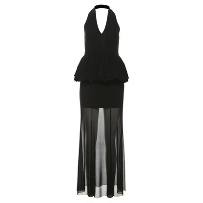Mature Elegant Black V-Neck Halter Tulle-Paneled Sheer Fake Two-Piece Maxi Dress
