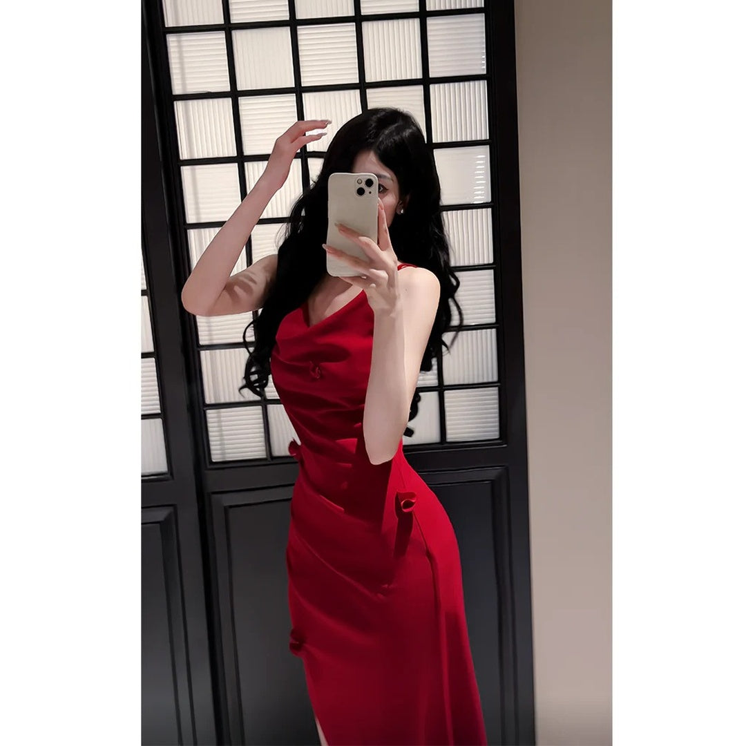 French Draped Spaghetti Strap Beach Resort Gown Dress – Waist-Fitted Dress