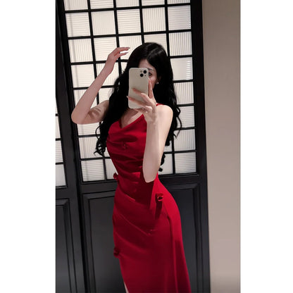 French Draped Spaghetti Strap Beach Resort Gown Dress – Waist-Fitted Dress