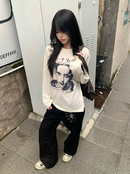 American Retro White Long Sleeve Tee Distressed Portrait Print Top