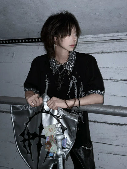 Y2K Black Short Sleeve Polo Tee Leopard Patchwork Summer Loose Fit Visual Kei Top