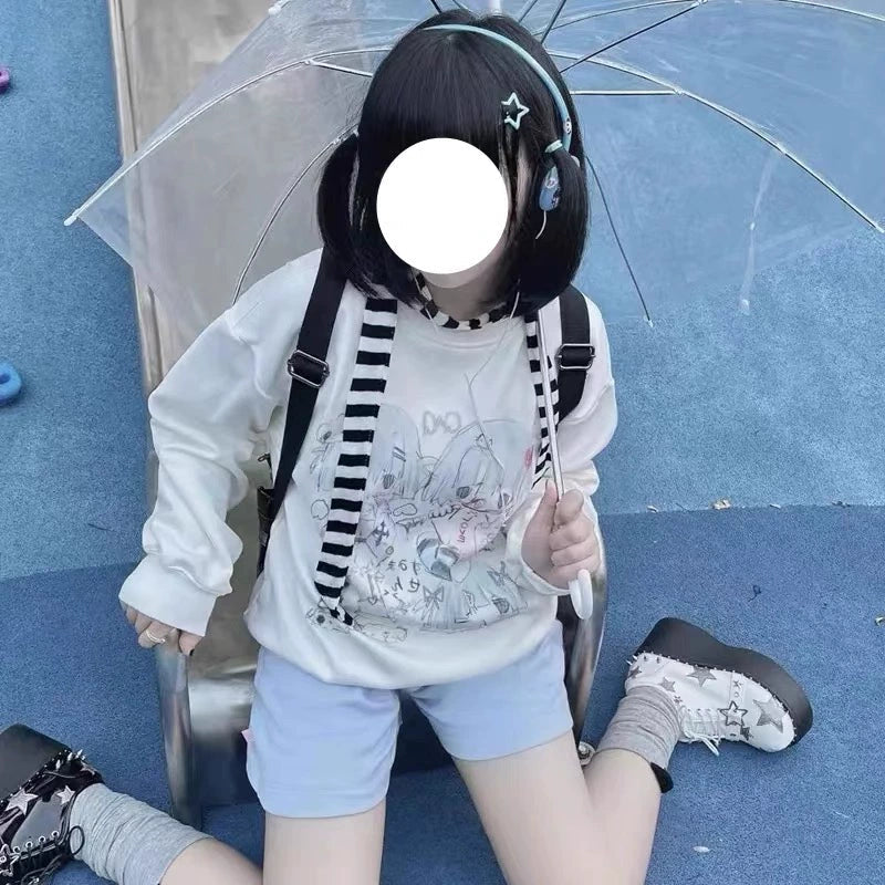 White Y2K Japanese Anime Cute Print Fleece Hoodie