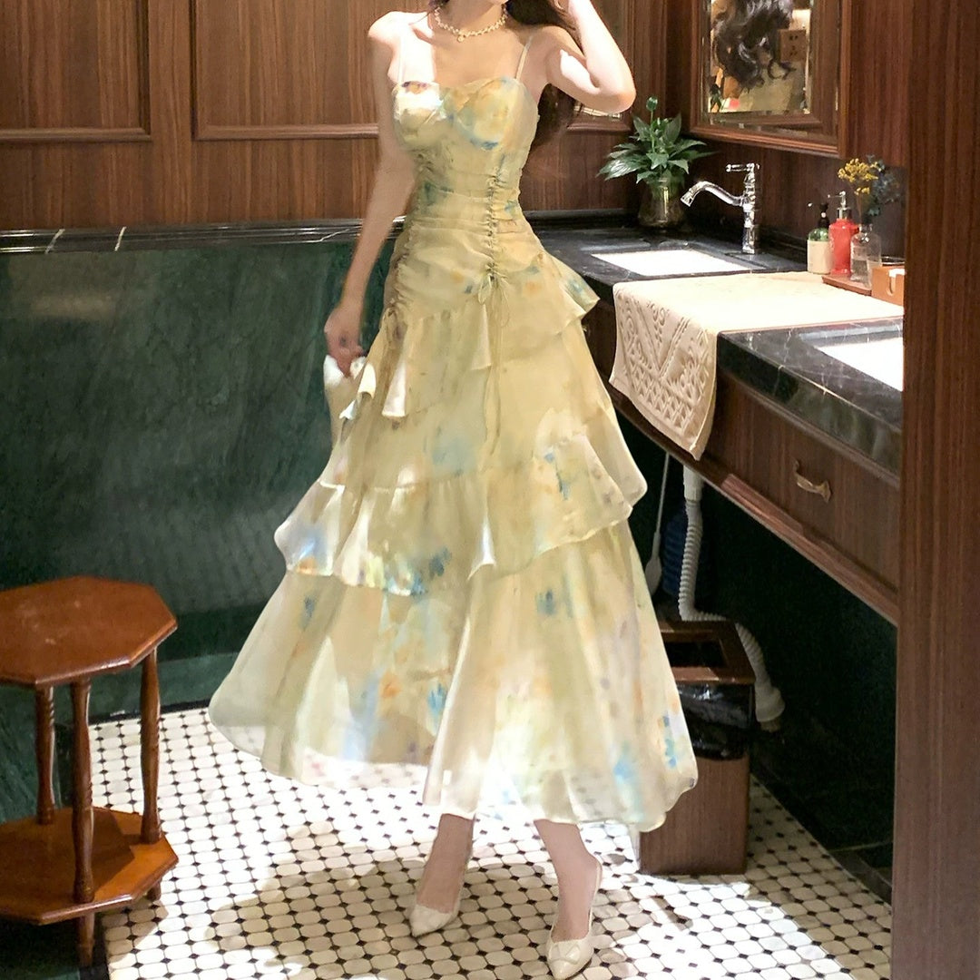 French Ombre Green Ruffle Halter Gown Dress