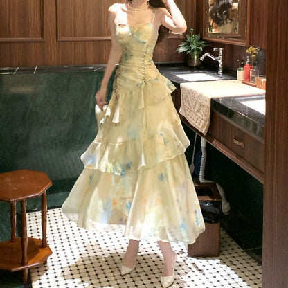 French Ombre Green Ruffle Halter Gown Dress