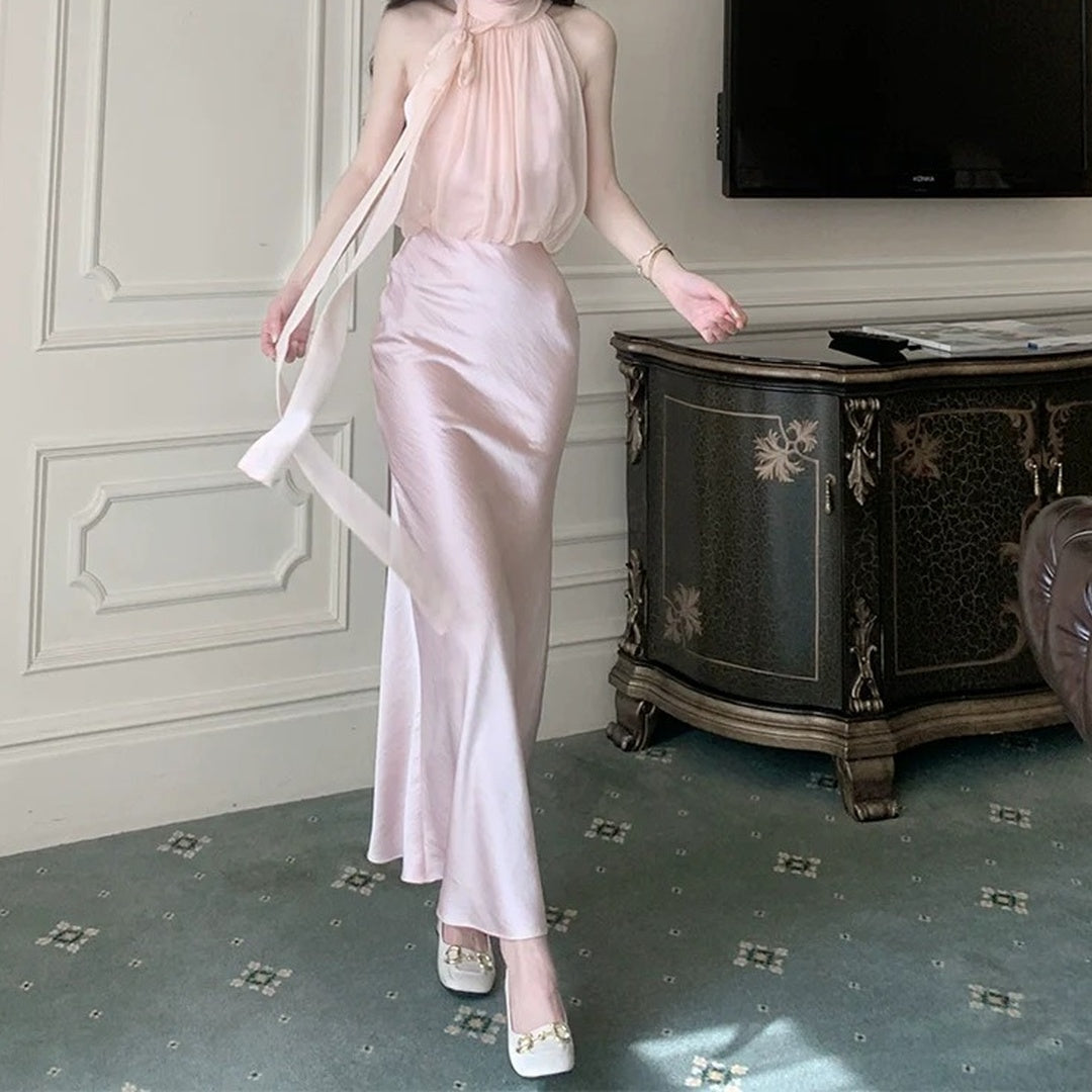 Silk Satin Mermaid Halter Gown Dress