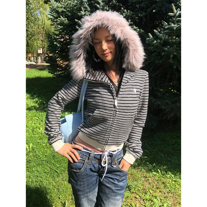 Y2K Rabbit Ear Stripe Hoodie for Autumn Winter