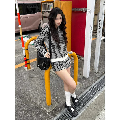 Striped Fur Collar Zip Up Hoodie Slim Fit Streetwear Top