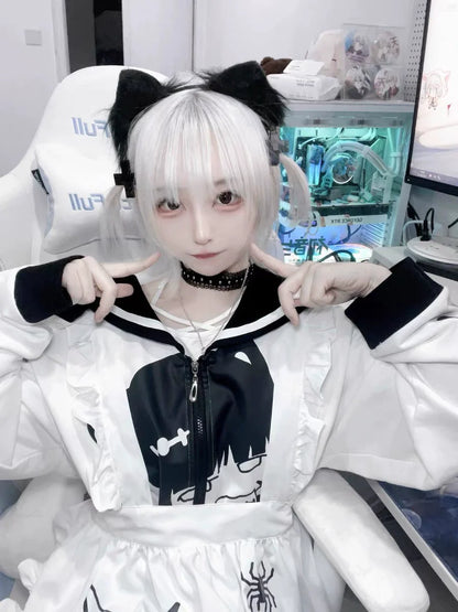 Black & White Injured Kitten Hoodie [Spring-Autumn] Subculture Y2K E-girl Japanese Anime Cat-Ear Autumn/Winter Oversized Jacket