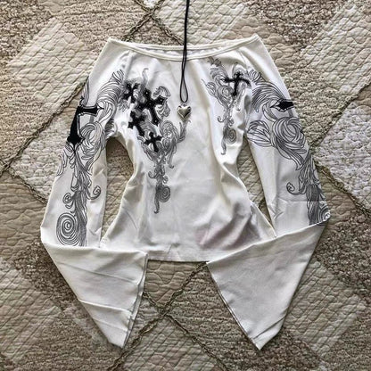 White Off-The-Shoulder Flared Sleeve Print Y2K T-Shirt