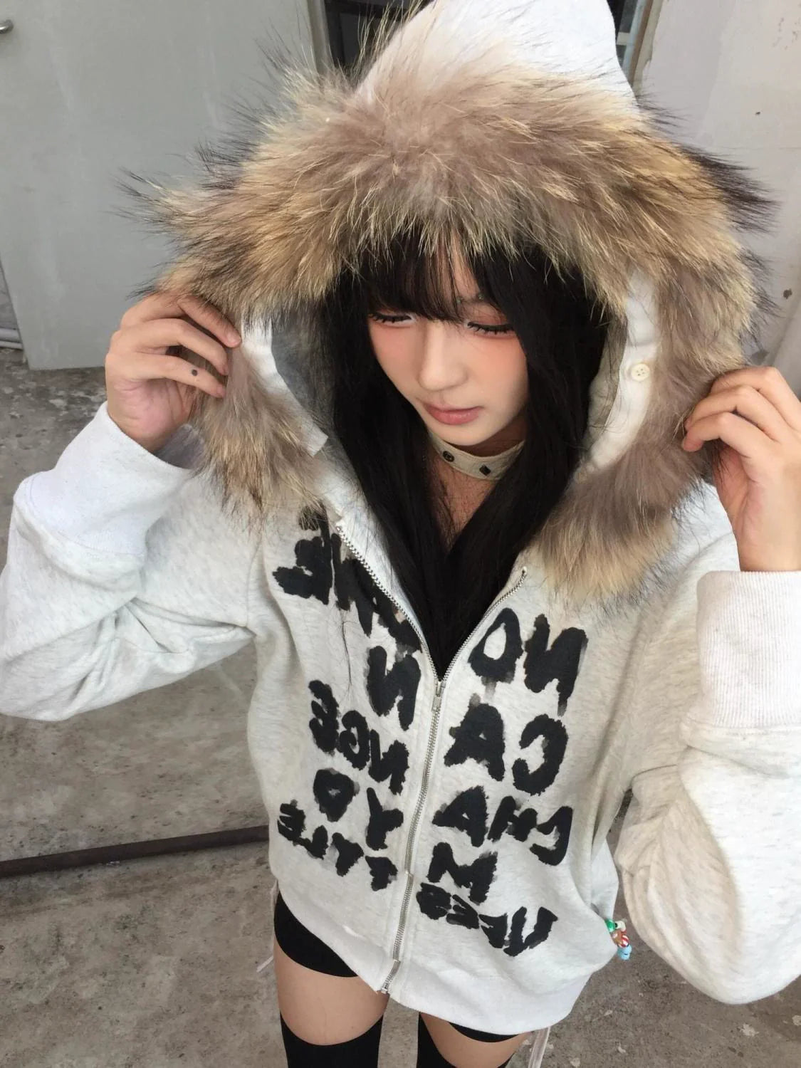 Fur-Collar Hoodie Jacket [Spring-Autumn] Subculture Punk Y2K E-girl Abi American Style Light Subculture Long-Sleeve Jacket