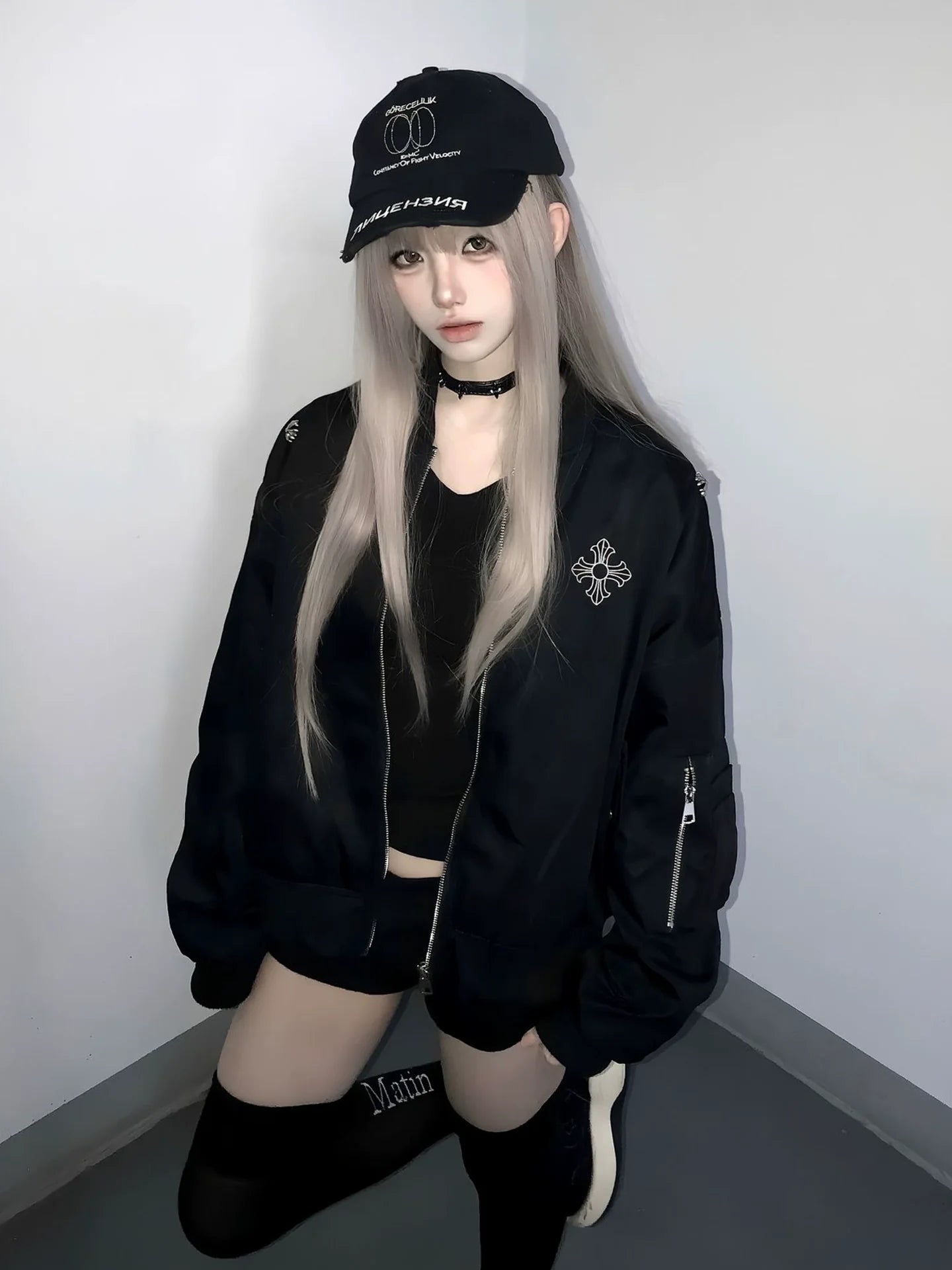 American Black Varsity Bomber Jacket  Cross Embroidery Oversized Street Outerwear