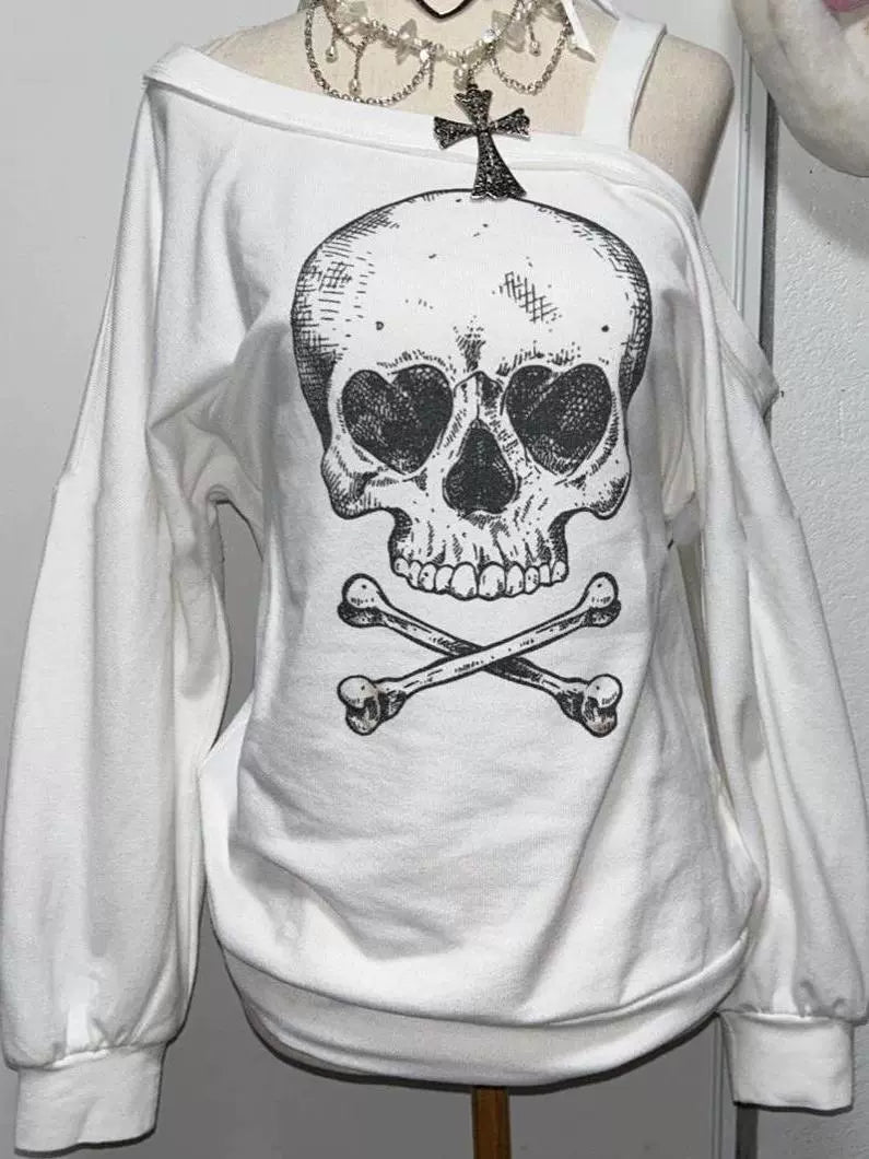 Skull Print Off-Shoulder Hoodie Subculture Gothic Rock Punk Dark Y2K E-girl Autumn/Winter Top